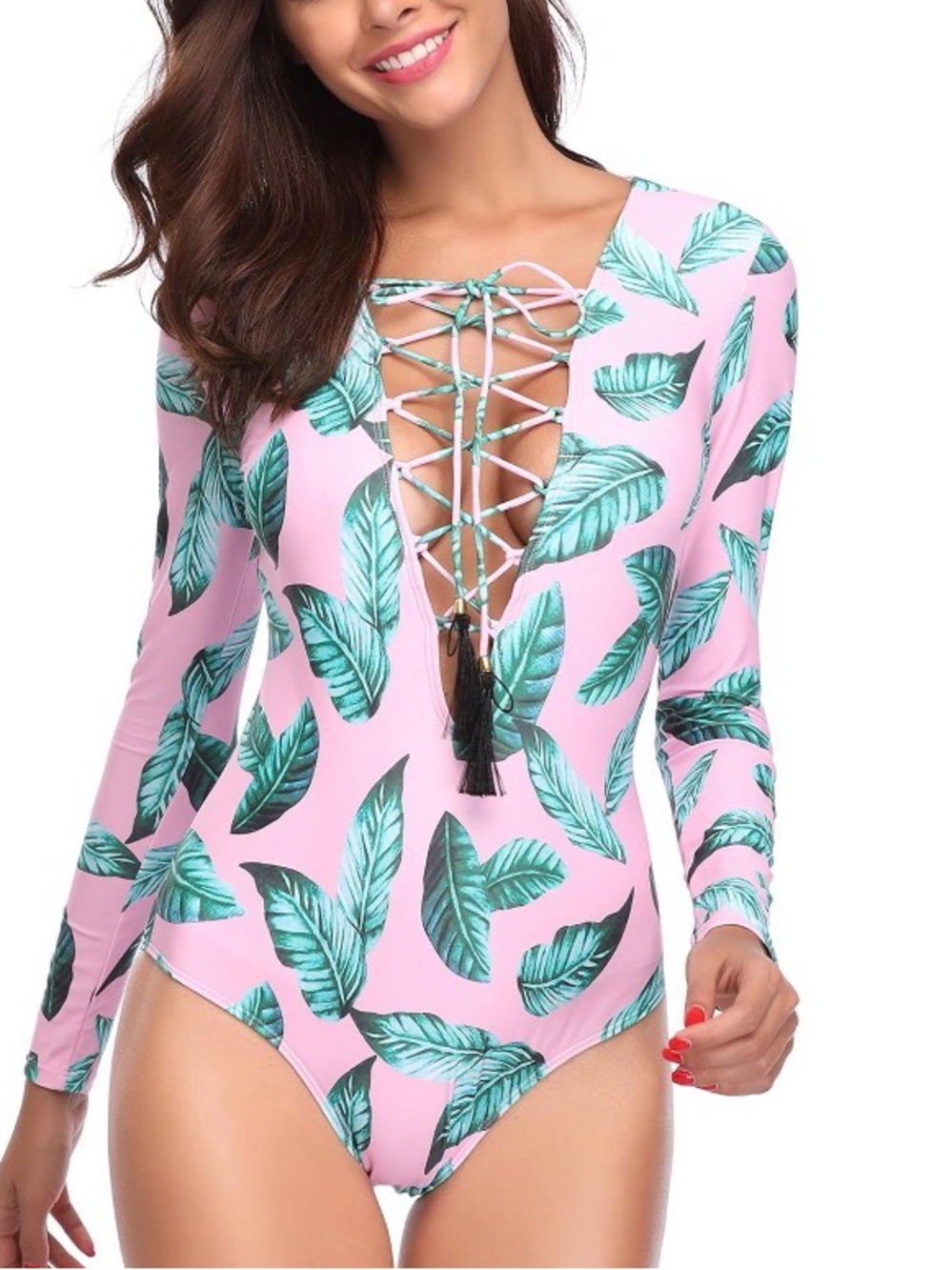 Marinavida Long Sleeve Pink Tropical Leaf Women's Swimsuit with Lace-Up Front